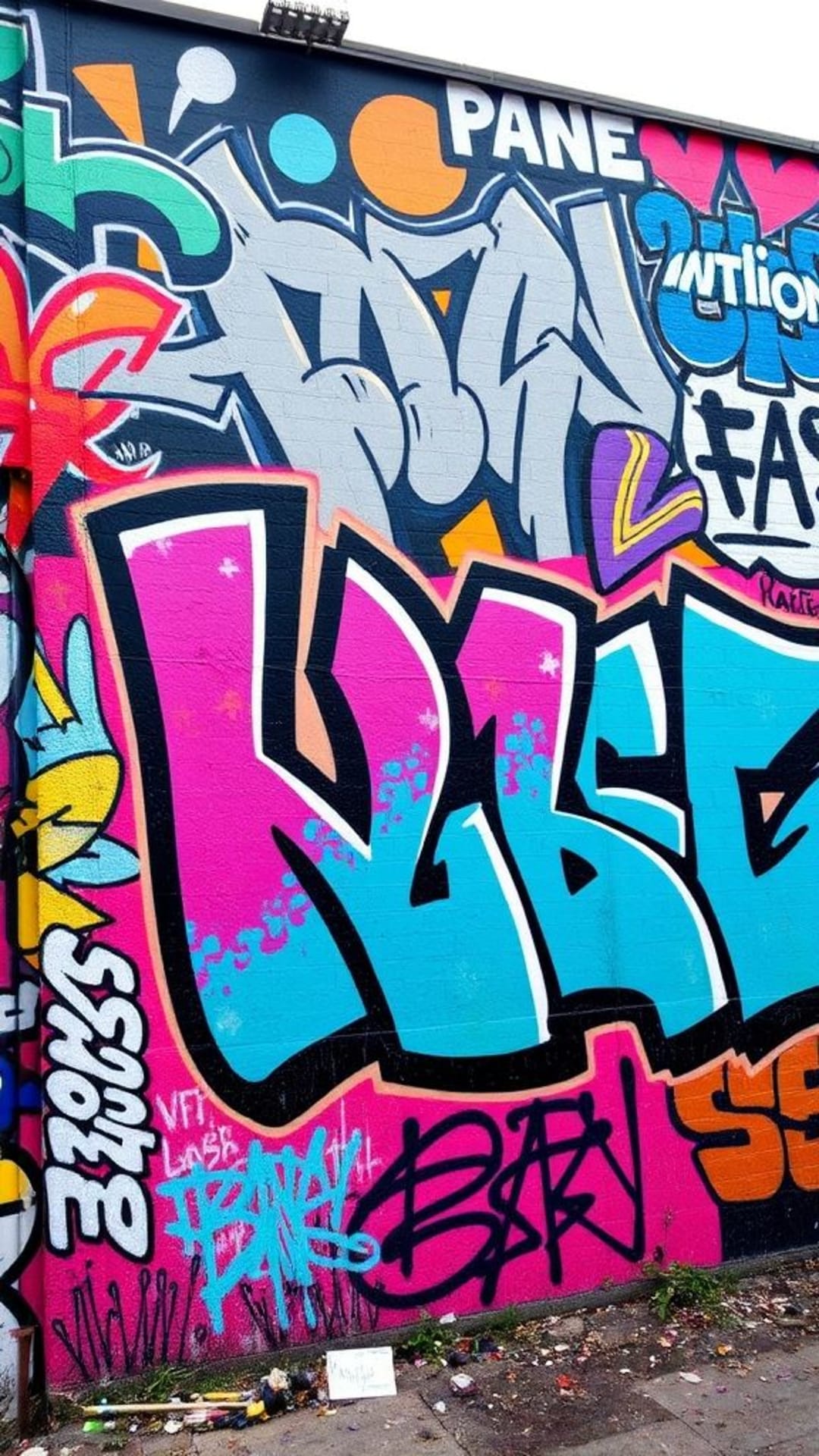 Arte di strada urbana, graffiti audaci e vivaci, murales ribelli, energici, espressivi e colorati