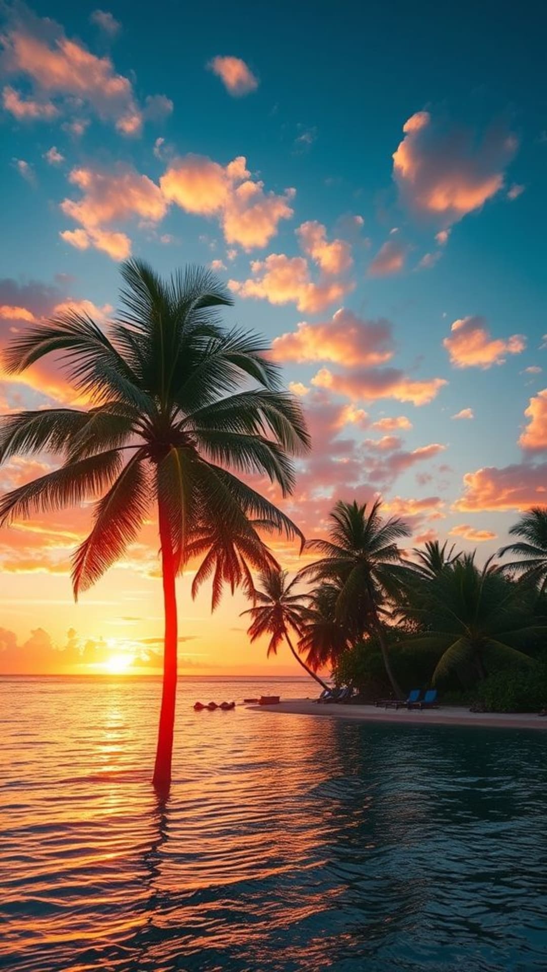 Isole al tramonto tropicale palme rilassante calda spiaggia paradiso cielo vibrante