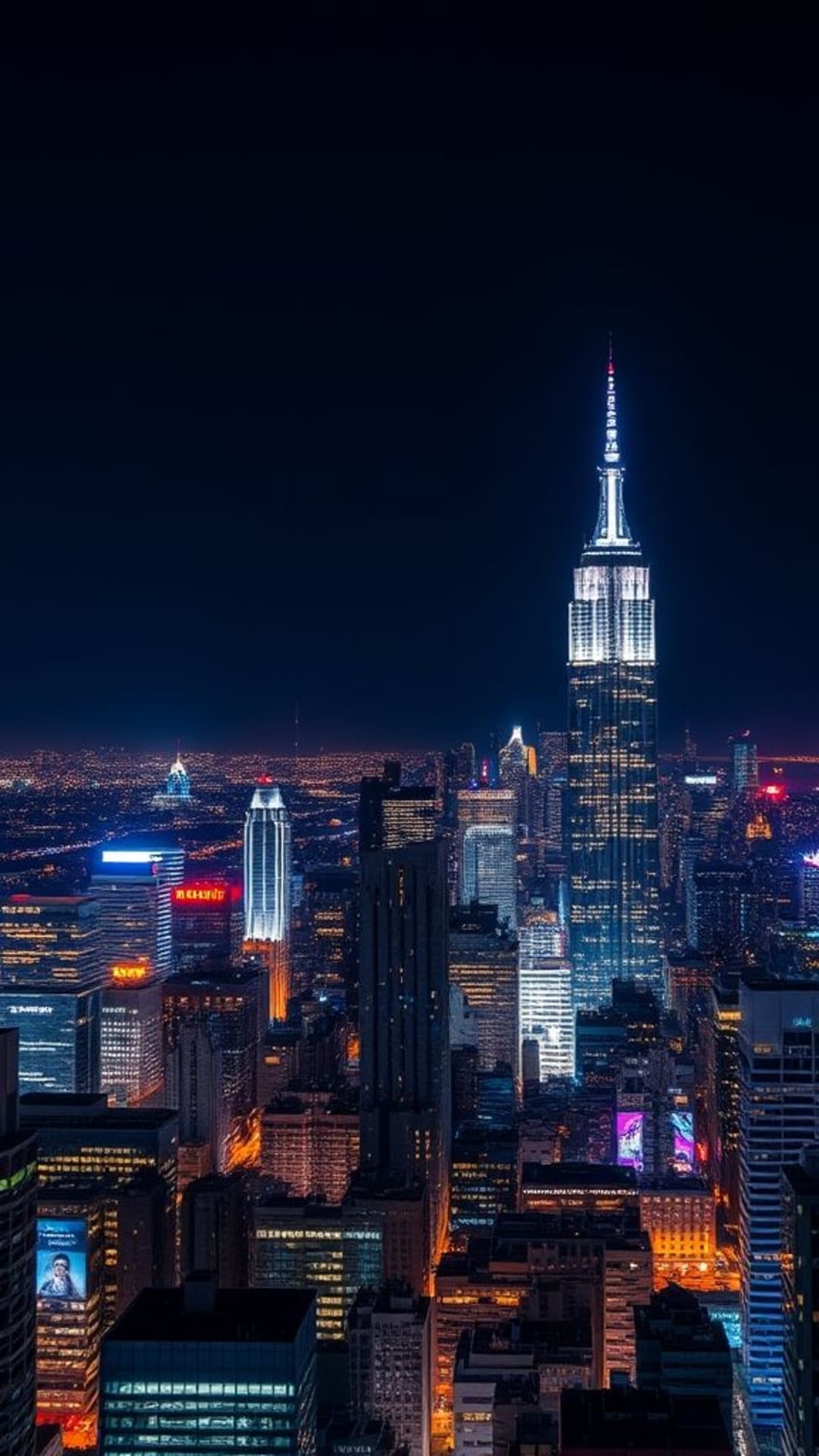 Sfondo della città di notte con grattacieli illuminati, luci vivaci della città, bagliore urbano