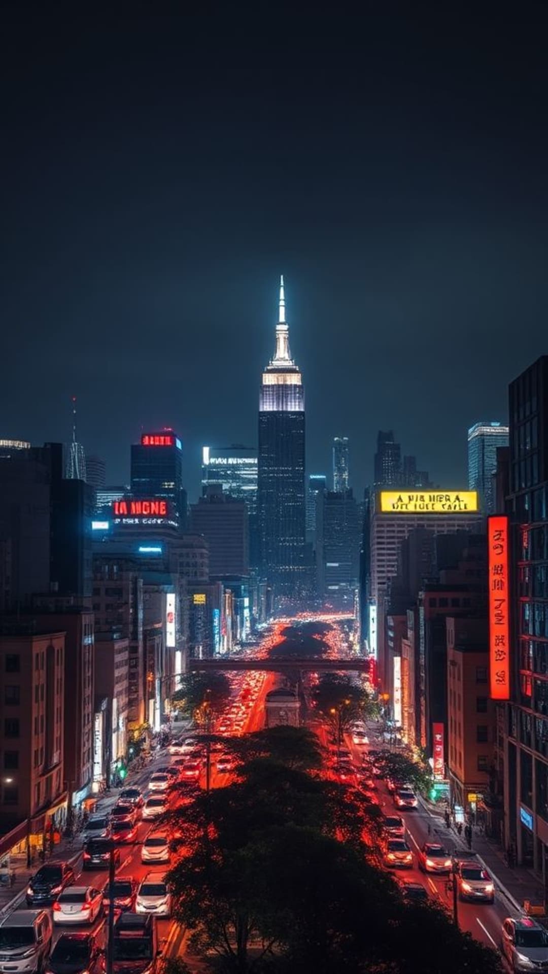 -orizzonte urbano di città con luci notturne strade animate bagliore neon scena urbana ipnotica vita cittadina dinamica