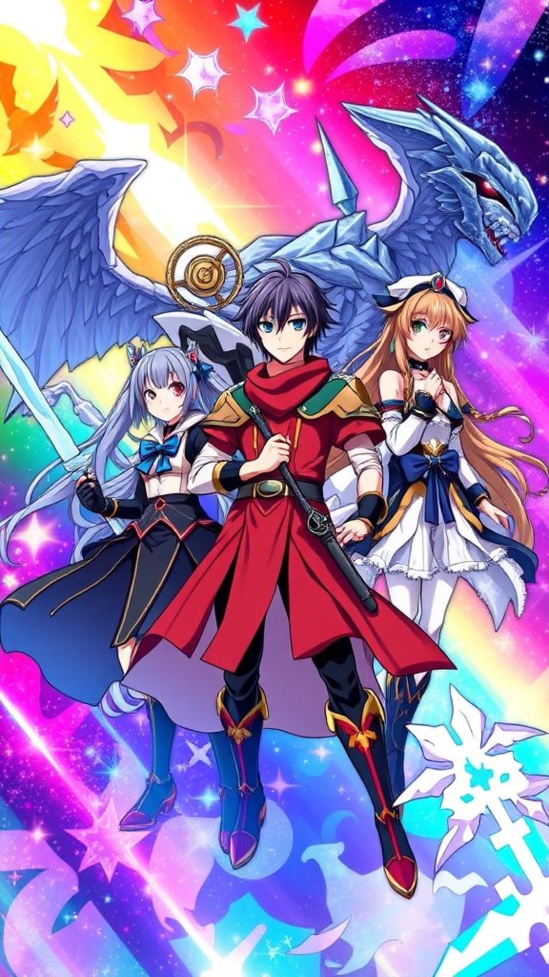 Personaggi anime manga cosplay sfondo vivace audace colorato universo fantastico magico avventura epico eroe arte fantasy