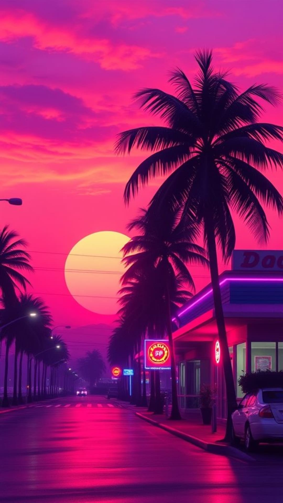 estetica rétro anni 80 e 90 neon griglia vaporwave synthwave tramonto palme luci al neon nostalgia atmosfere old-school
