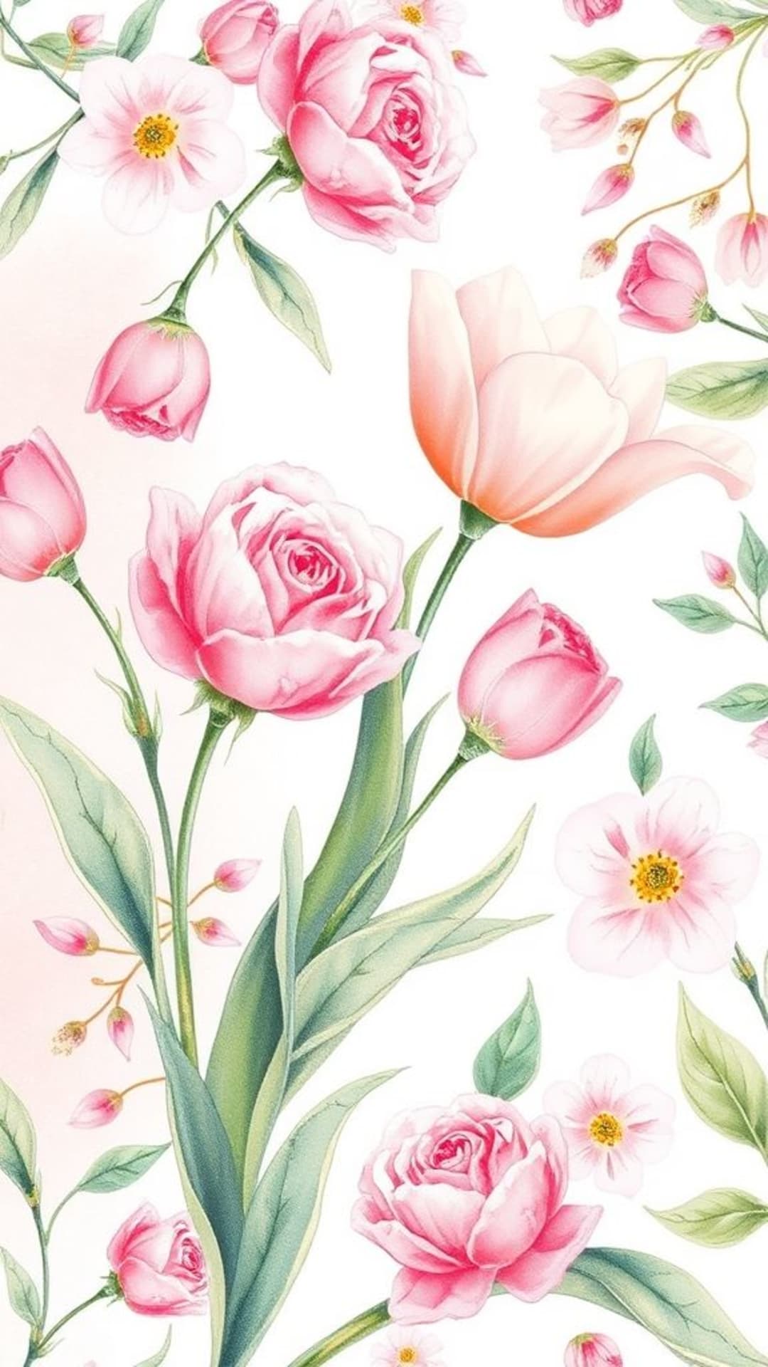 motivi floreali delicati rose tulipani ciliegi fiori di pesco giardino primaverile botanico acquerello pastello morbido femminile elegante
