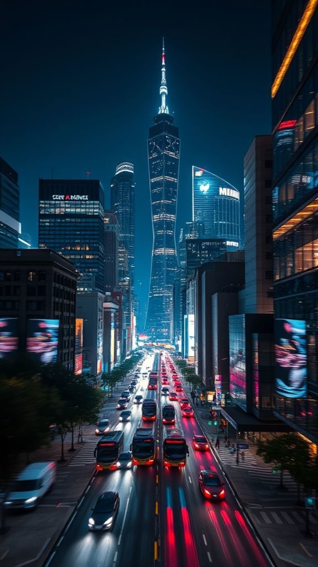 paesaggio urbano notturno skyline grattacieli luci movimento sfocato strade trafficate architettura moderna atmosfera energica vita cittadina