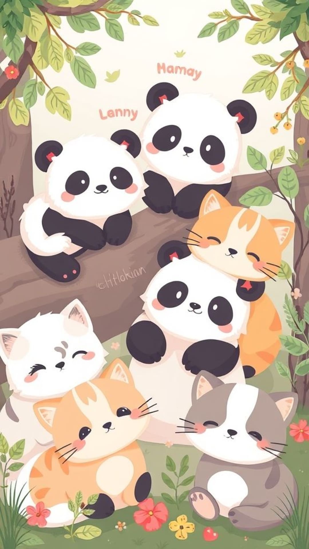 animali carini kawaii adorabili panda gatti sorridenti gattini assonnati giocosi natura illustrazione personaggio affascinante