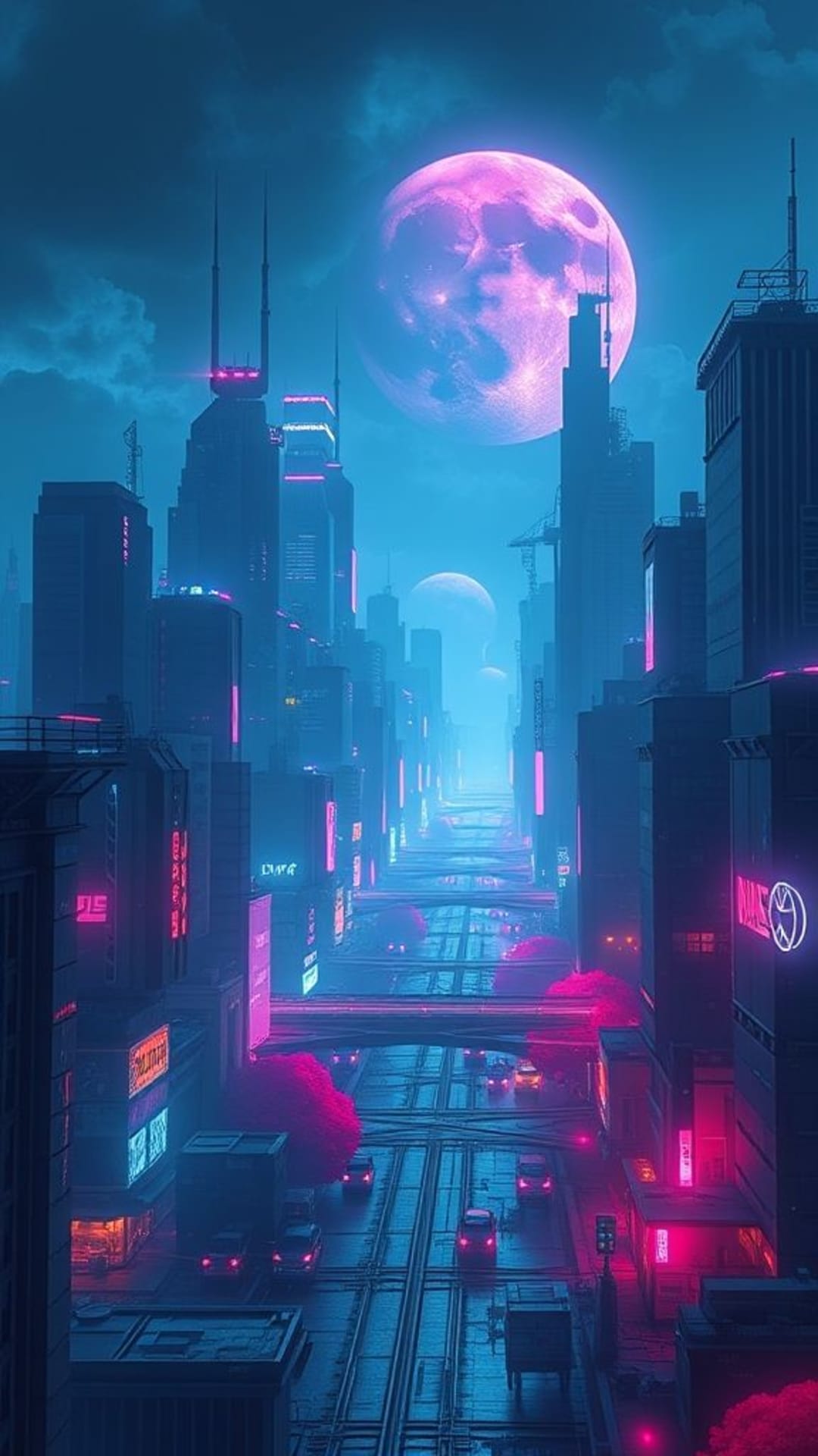 Paesaggi urbani futuristici in neon, estetica cyberpunk, sfondi scuri