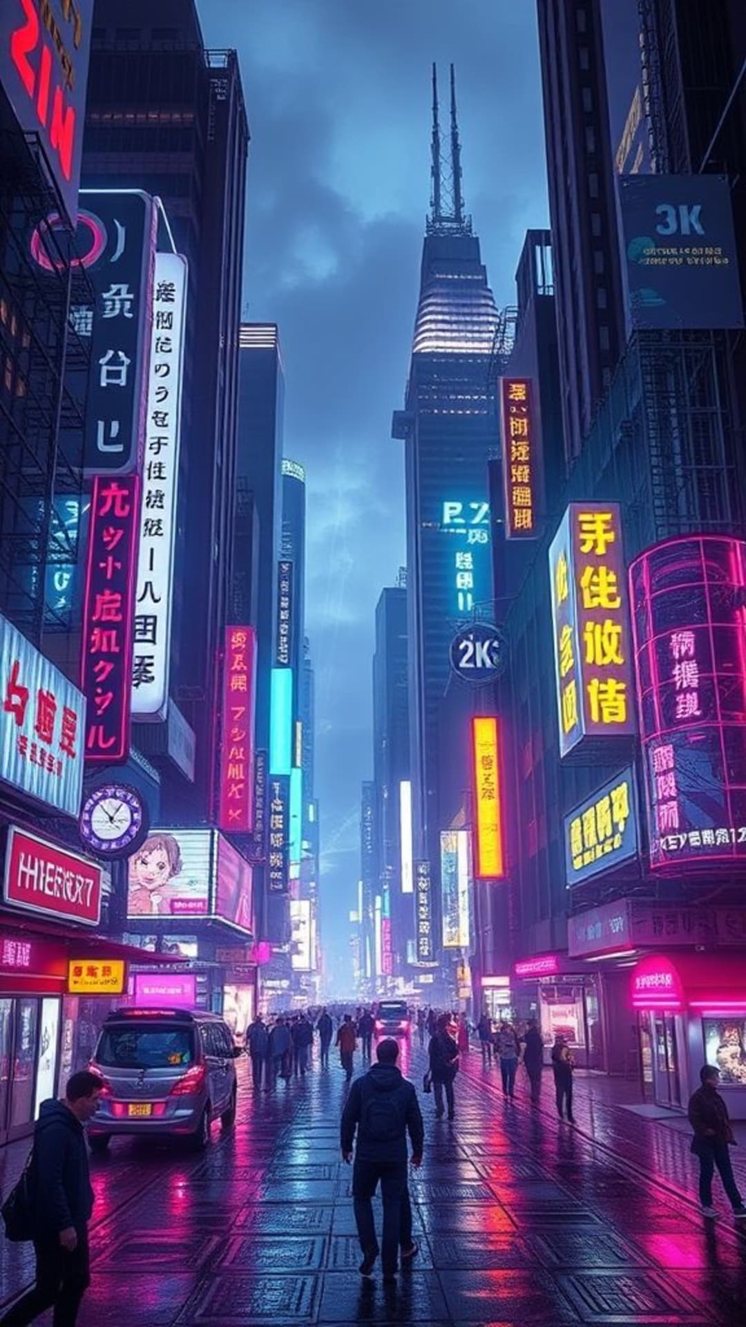 città cyberpunk tecnologia insegne al neon griglie digitali robot futuristici ambiente high-tech stile all'avanguardia
