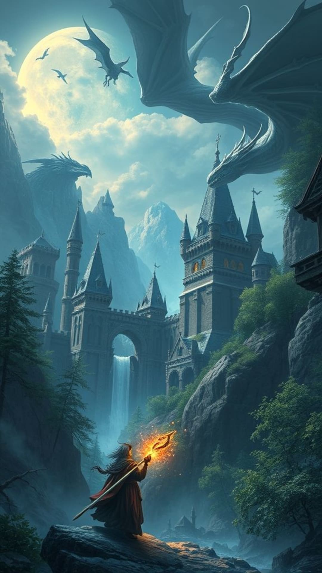 draghi fantasy castelli creature mitiche scene ispirate ai giochi foreste incantate esseri mistici regni oscuri eterei magici paesaggi mitici battaglie eroiche