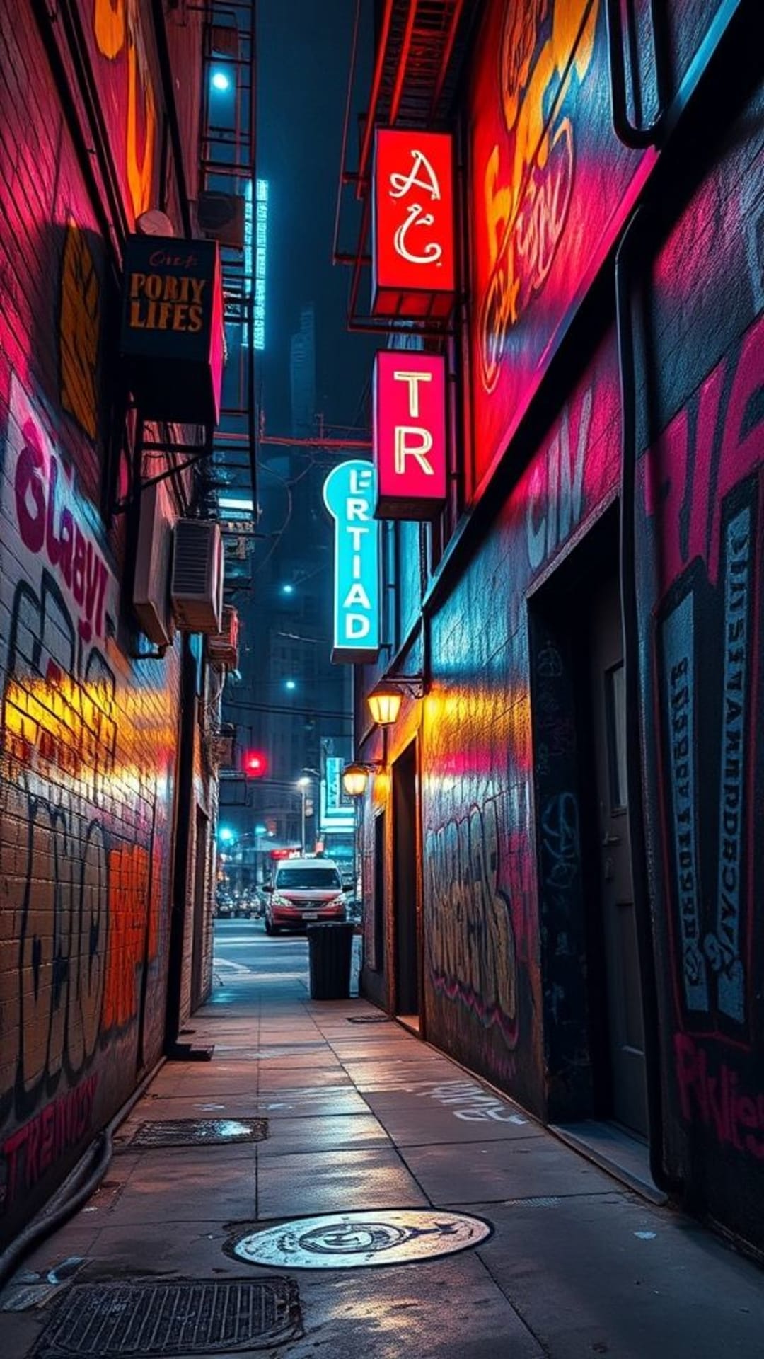 arte di strada urbana graffiti luci al neon colori vivaci texture ruvida atteggiamento ribelle vita notturna della città murales vivaci personale