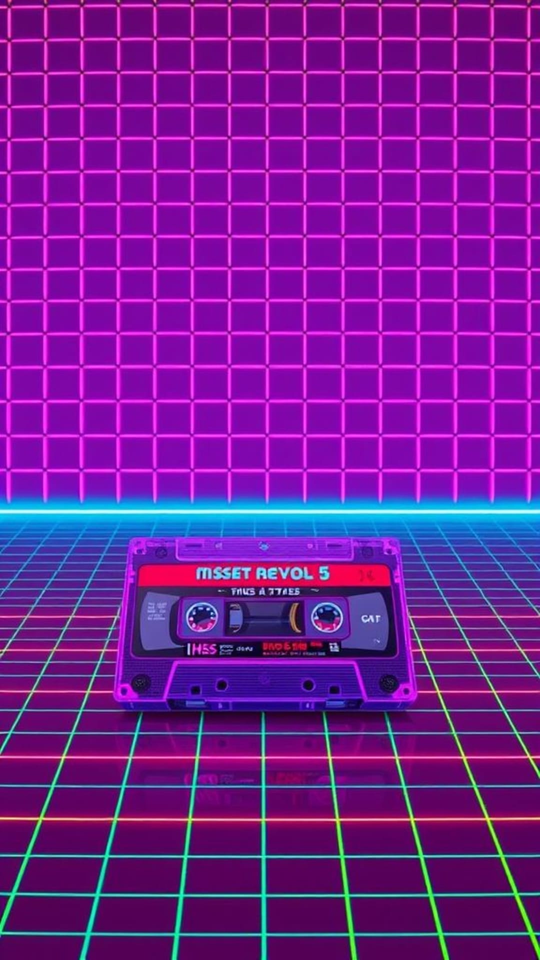 Estetiche retrò vintage anni '80 e '90, griglia neon, cassette VHS, tecnologia old-school, nostalgia, motivi colorati e luminosi