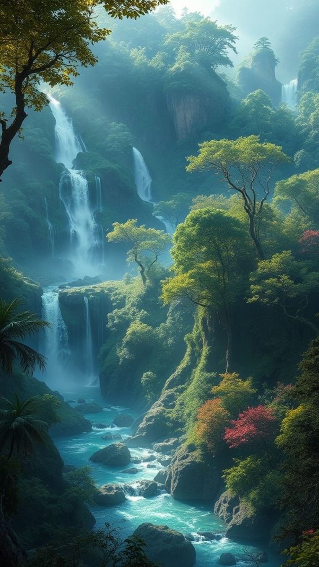 paesaggi fantastici cascate giungle rigogliose valli mistiche alberi incantati laghi scintillanti fiumi luccicanti mattine nebbiose