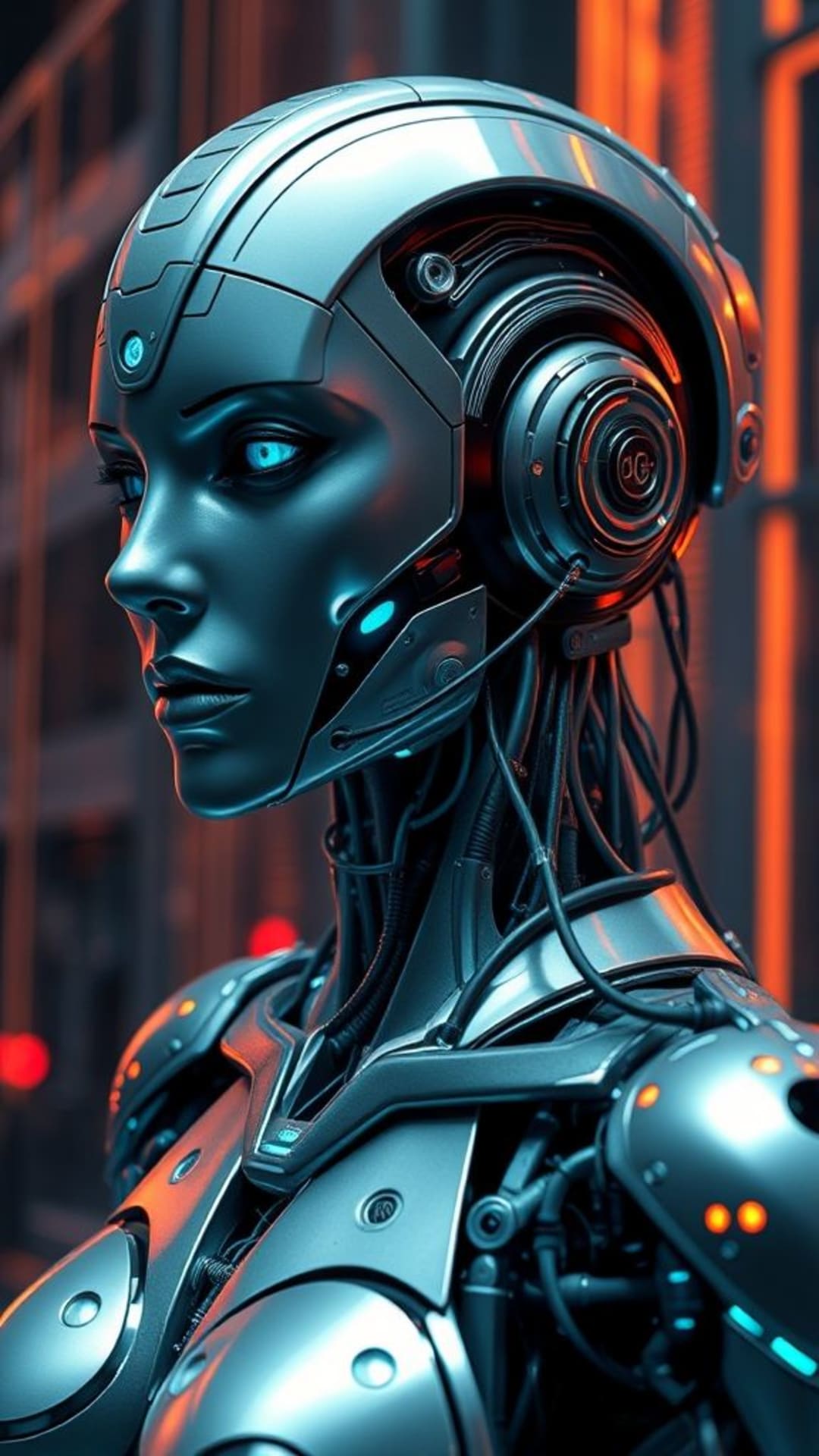 tecnologia futuristica robotica circuiti digitali IA umanoidi temi cyberpunk texture metalliche eleganti atmosfera high-tech