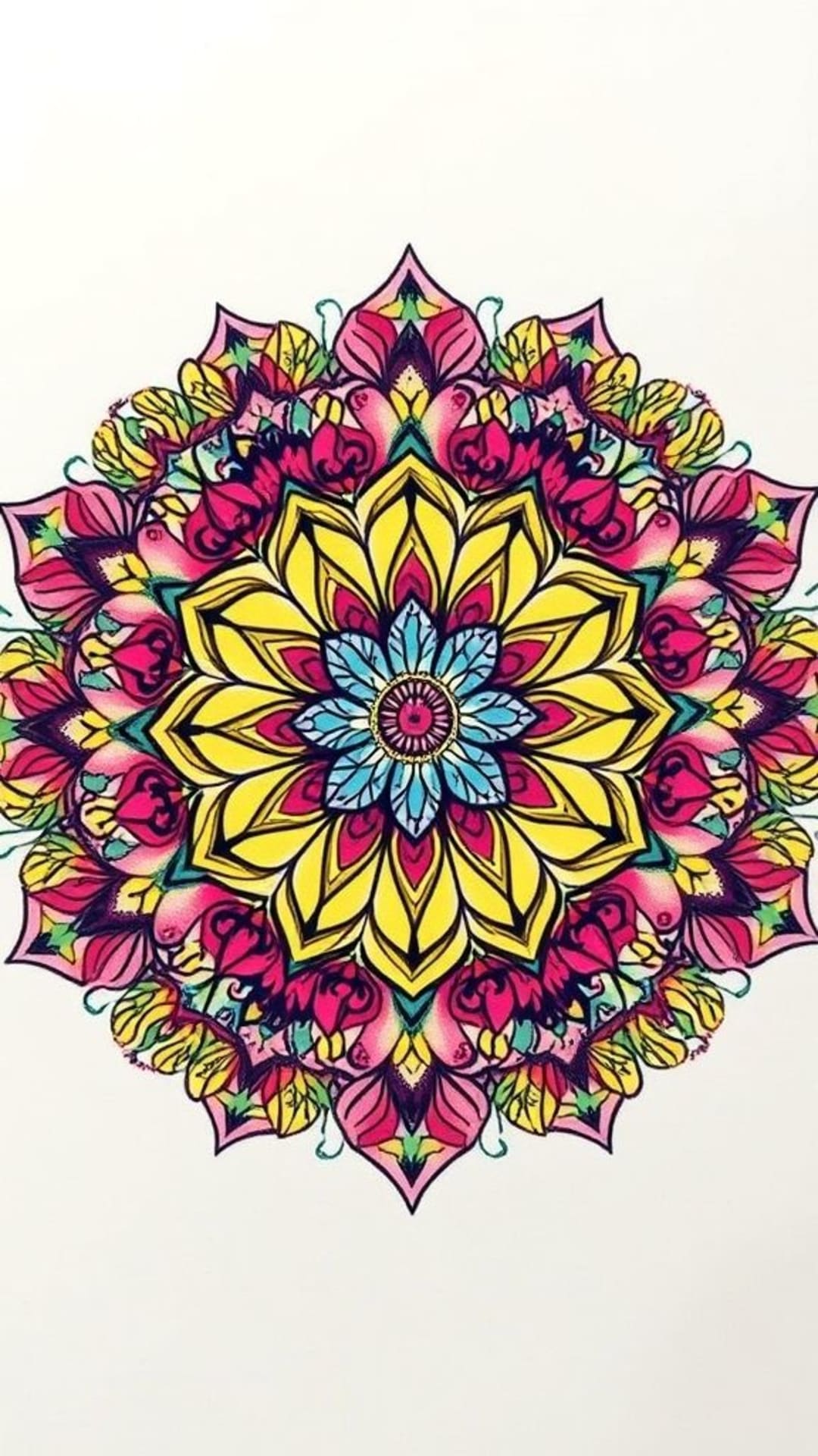 Mandala floreale con motivi intricati, simmetria, dettagli colorati, design artistico spirituale e meditativo