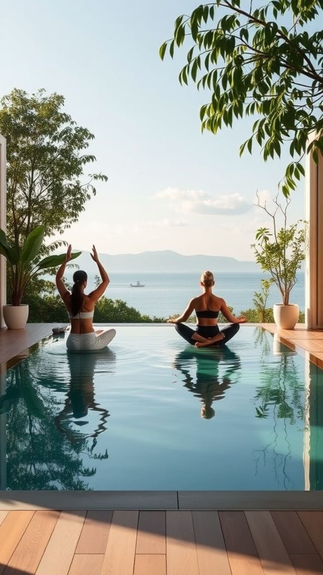 Salute e benessere: posizioni di yoga serene, pratiche di meditazione, routine di fitness, scene da spa, salute olistica, ambienti rilassanti