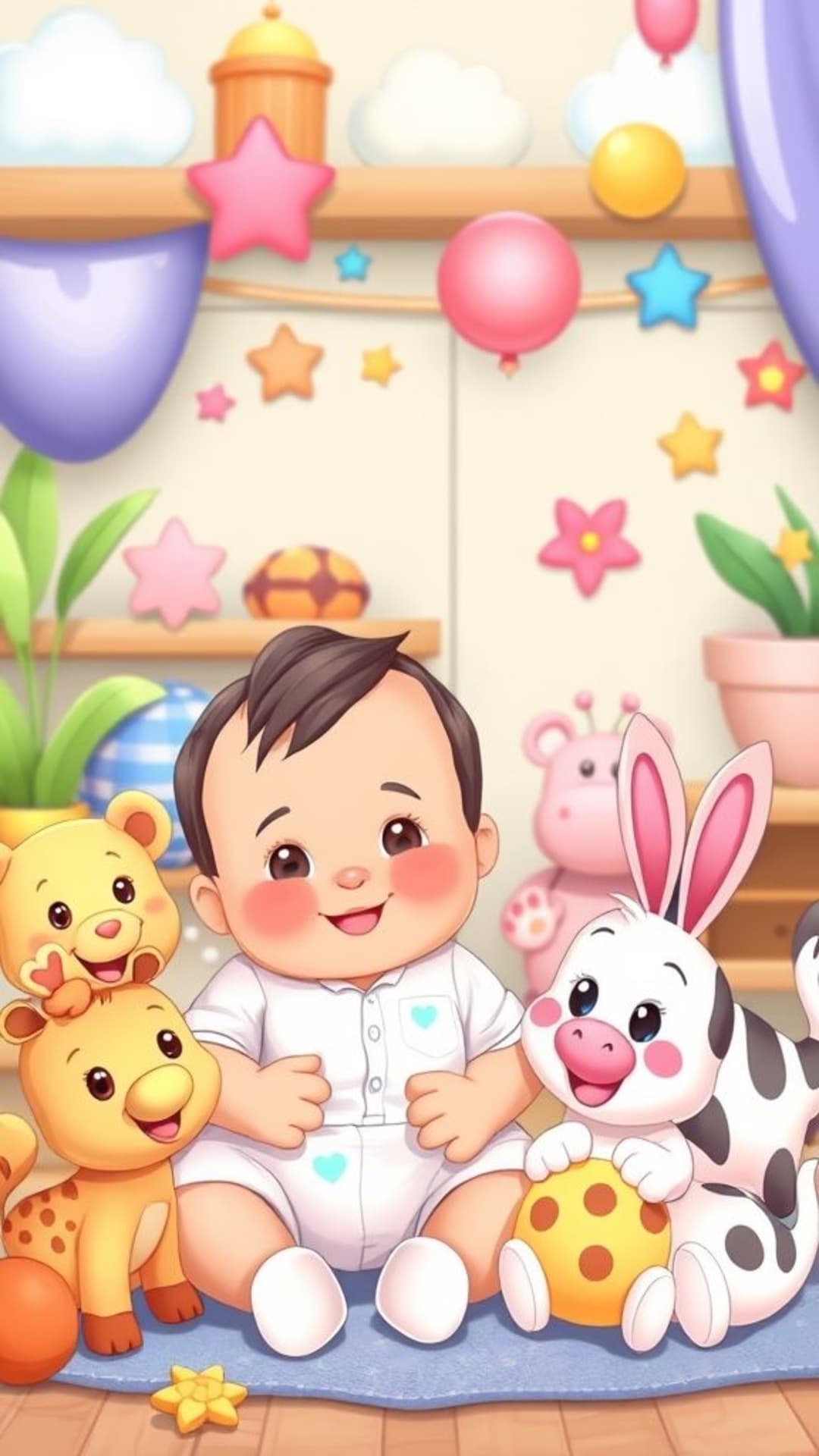 Caratteri di cartoni adorabili per bambini e neonati, scene giocose, temi colorati, animali carini e giocattoli, innocenza dell'infanzia, momenti di gioia