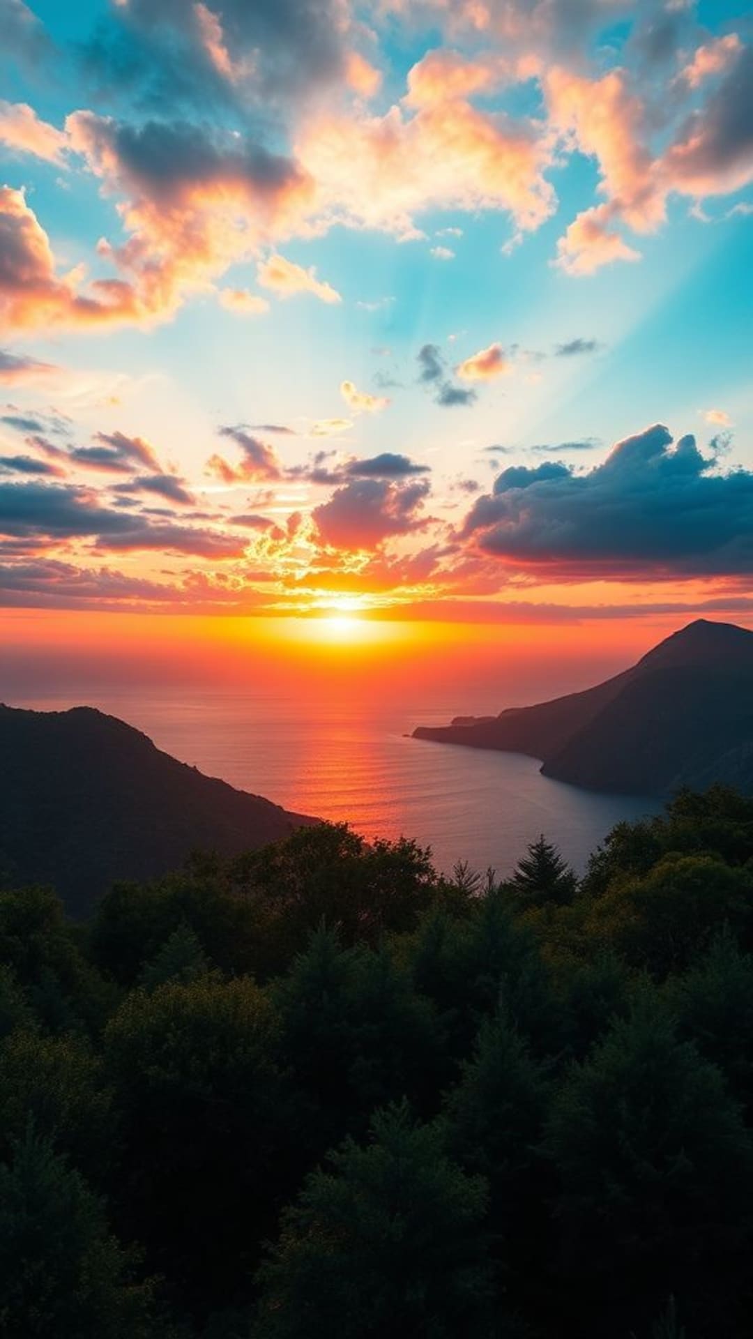 Paesaggio naturale tramonto montagne oceano colori vivaci