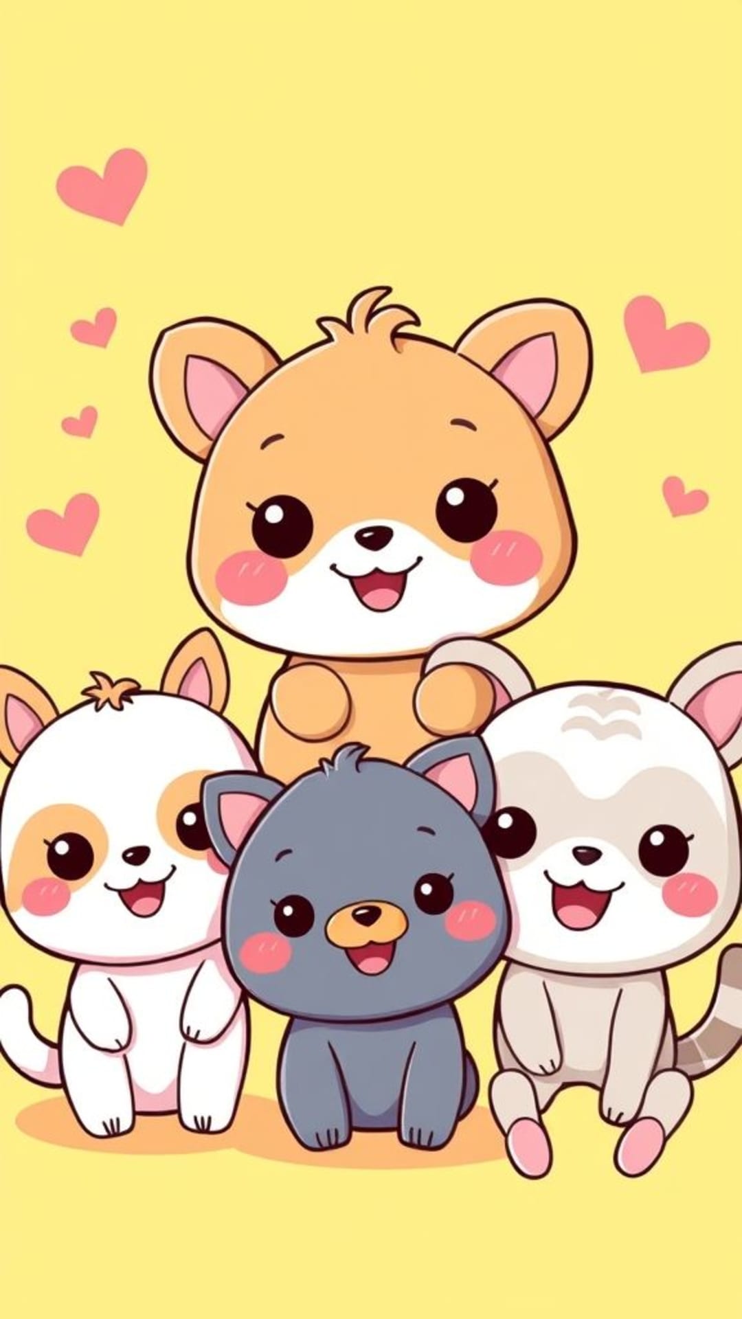 Animali carini in stile kawaii con sfondo luminoso atmosfera giocosa