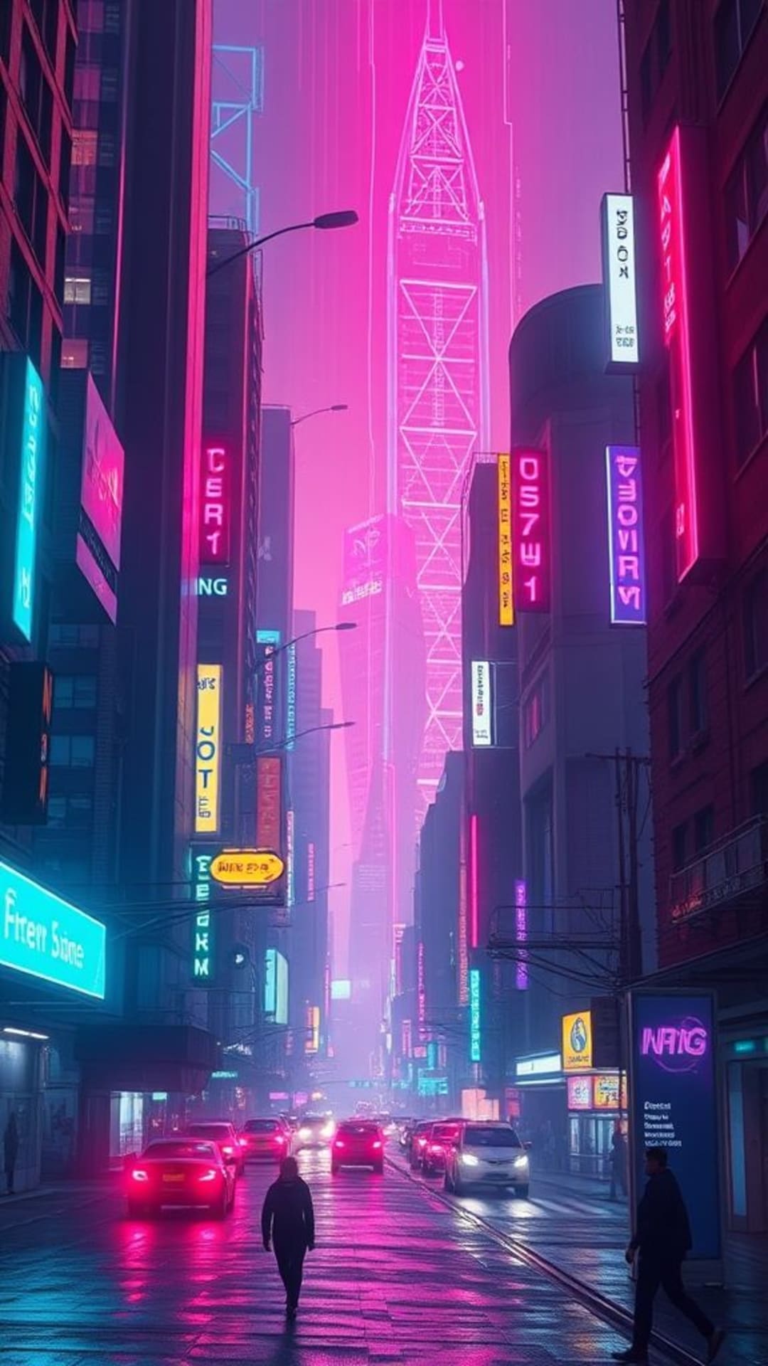 Città futuristica cyberpunk luci al neon estetica high-tech arte digitale