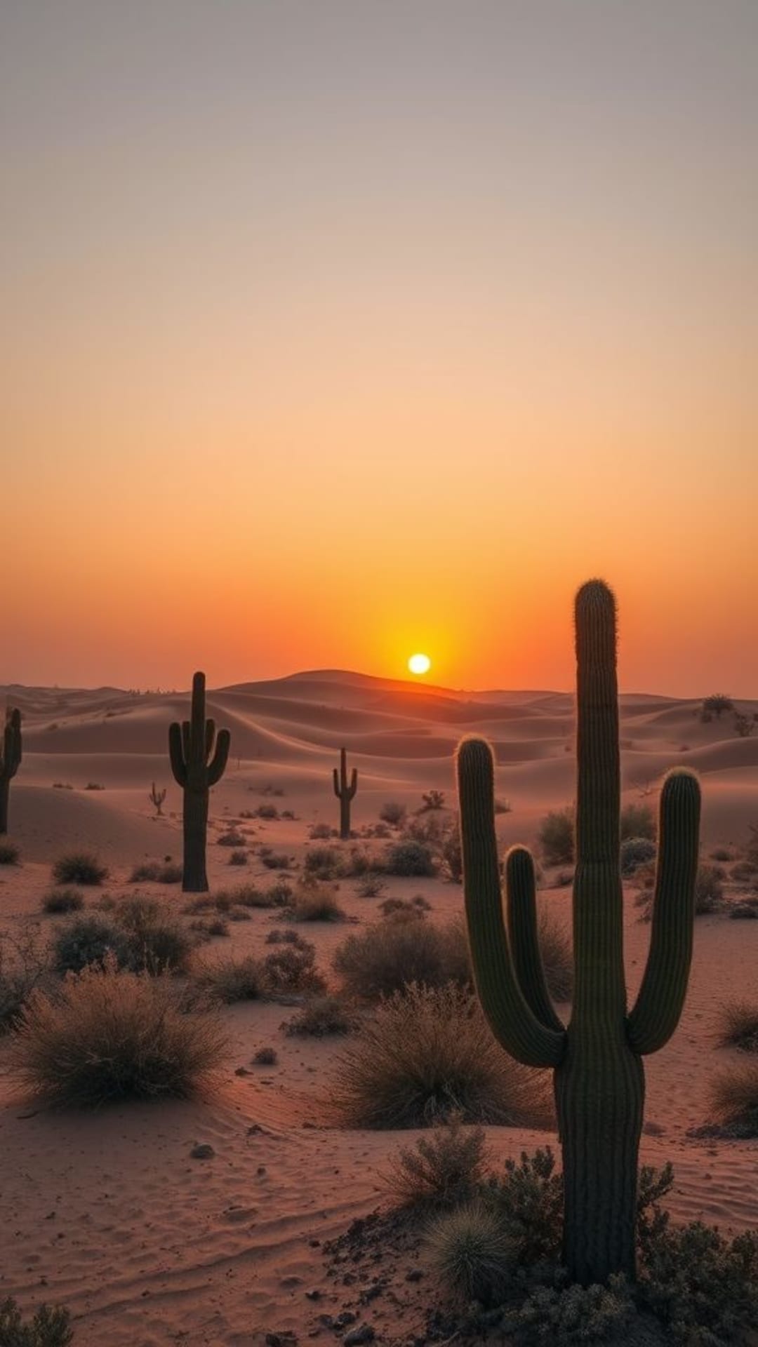 Paesaggio desertico con cactus, dune, tramonto caldo, scena desertica