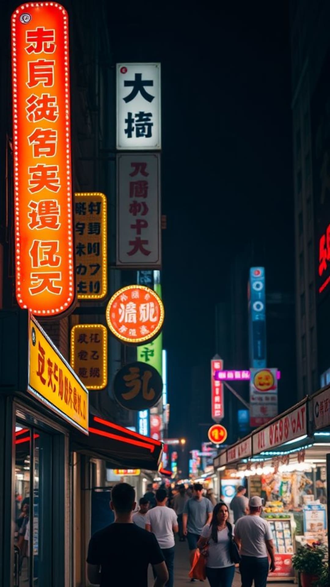 Segnali al neon luminosi, mercati notturni urbani, scena vivace.