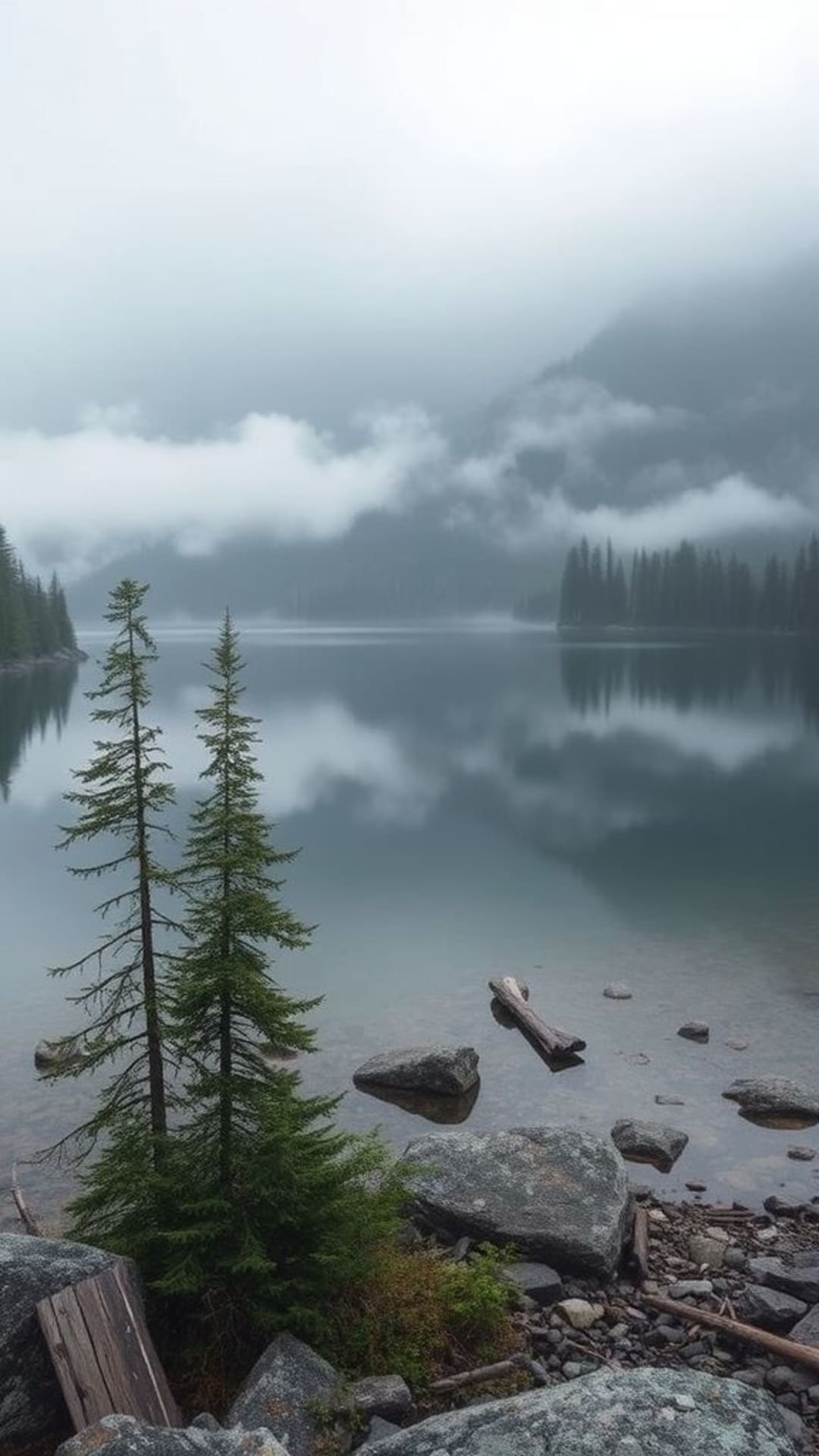 lago di montagna nebbioso serenità solitudine