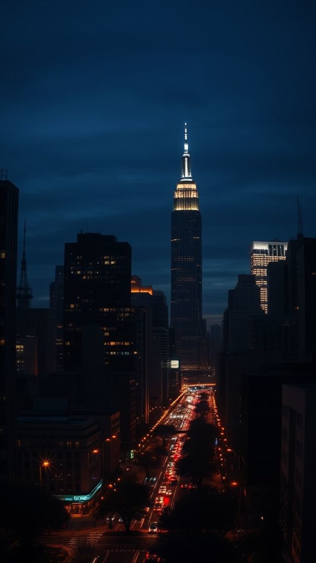 paesaggio urbano notturno grattacieli illuminati luci della strada silhouette sera atmosfera urbana tranquilla riflessiva