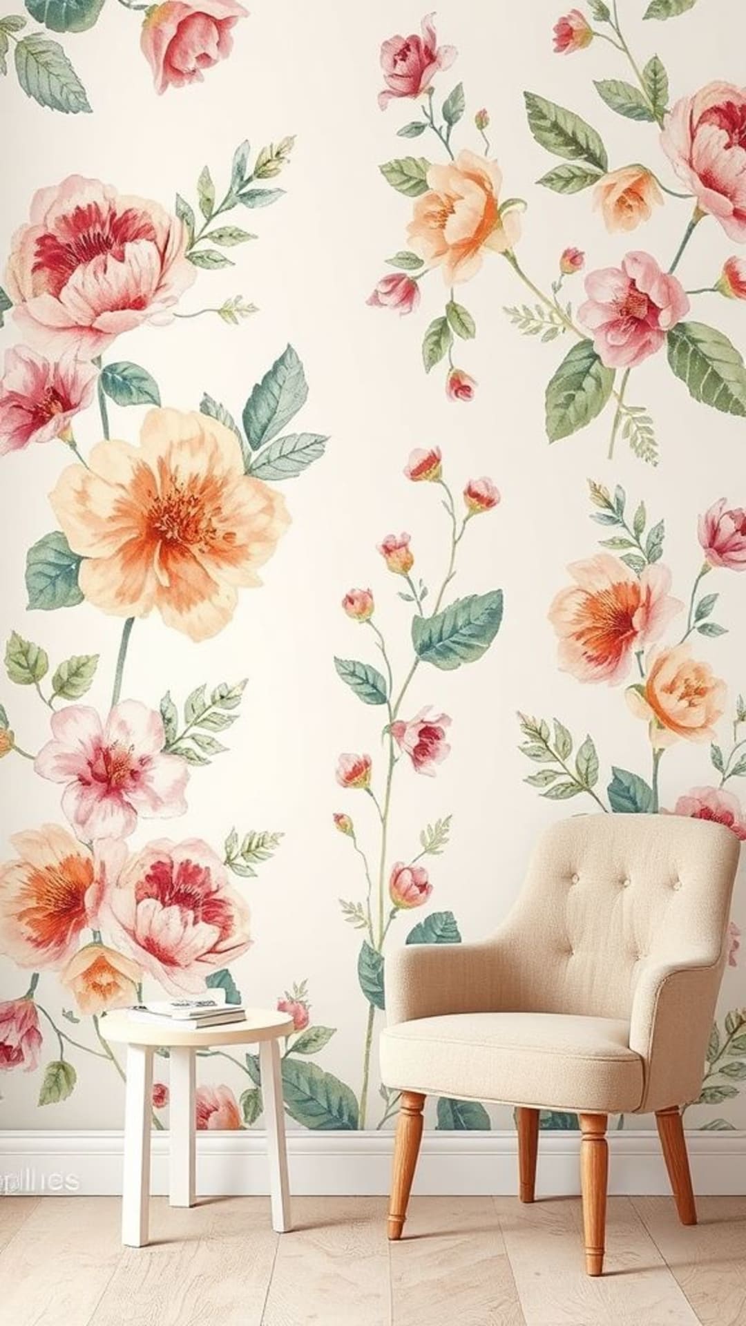 Carta da parati botanica con fiori vintage acquerellati ispirata alla natura