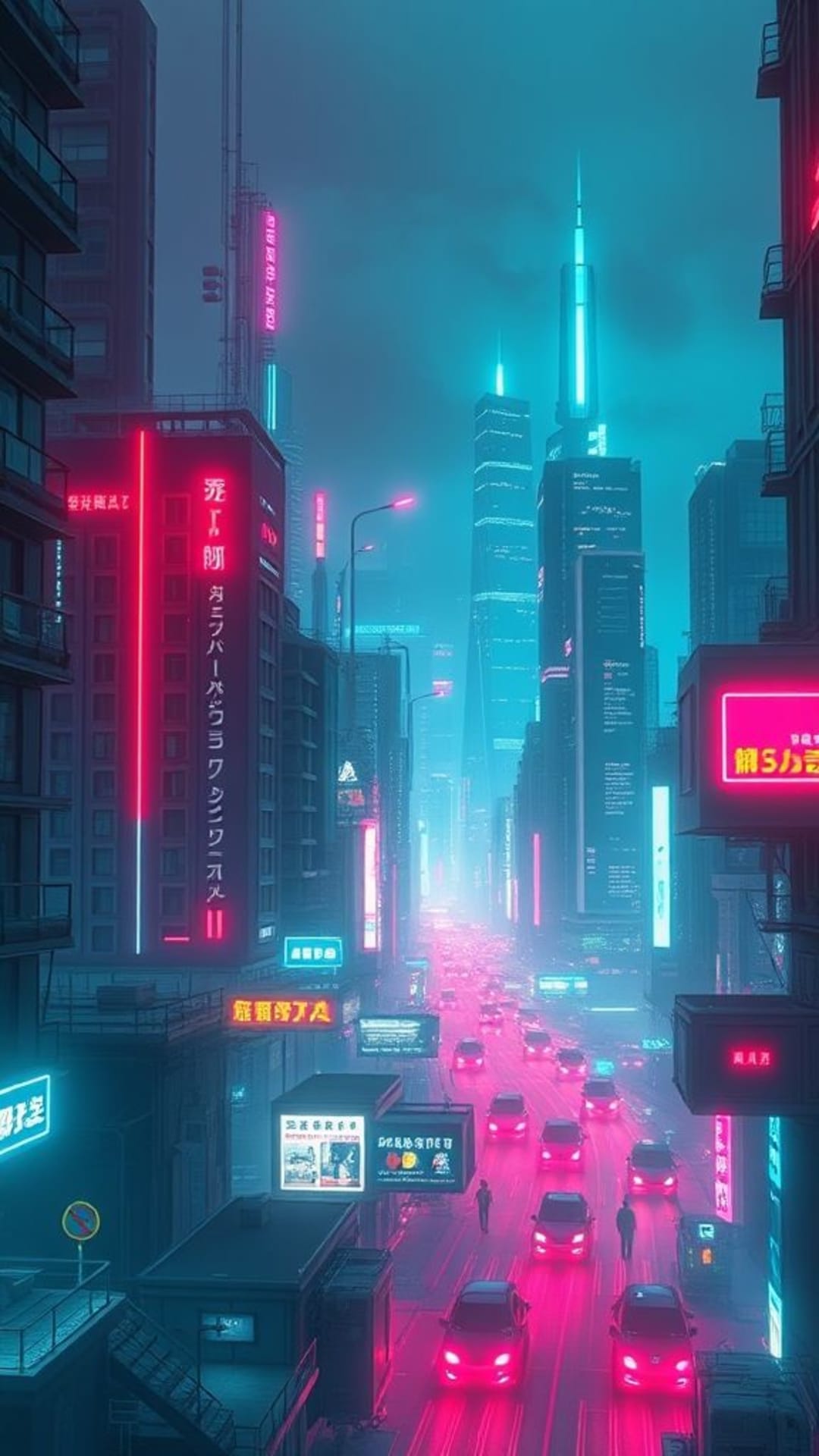 Paesaggio urbano futuristico neon cyberpunk con luci che brillano, arte digitale