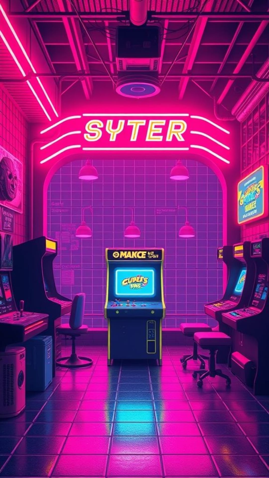 Estetica vaporwave con griglia neon degli anni '80 retrò, arcade