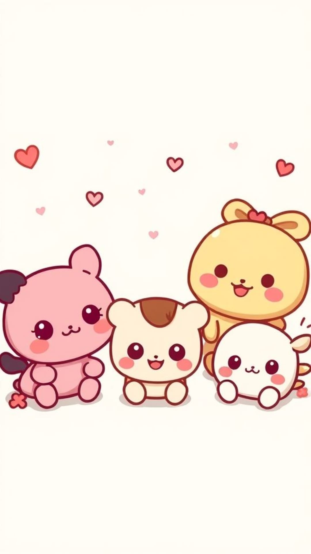 Personaggi carini e kawaii in stile cartone animato, colori pastello, sfondo giocoso