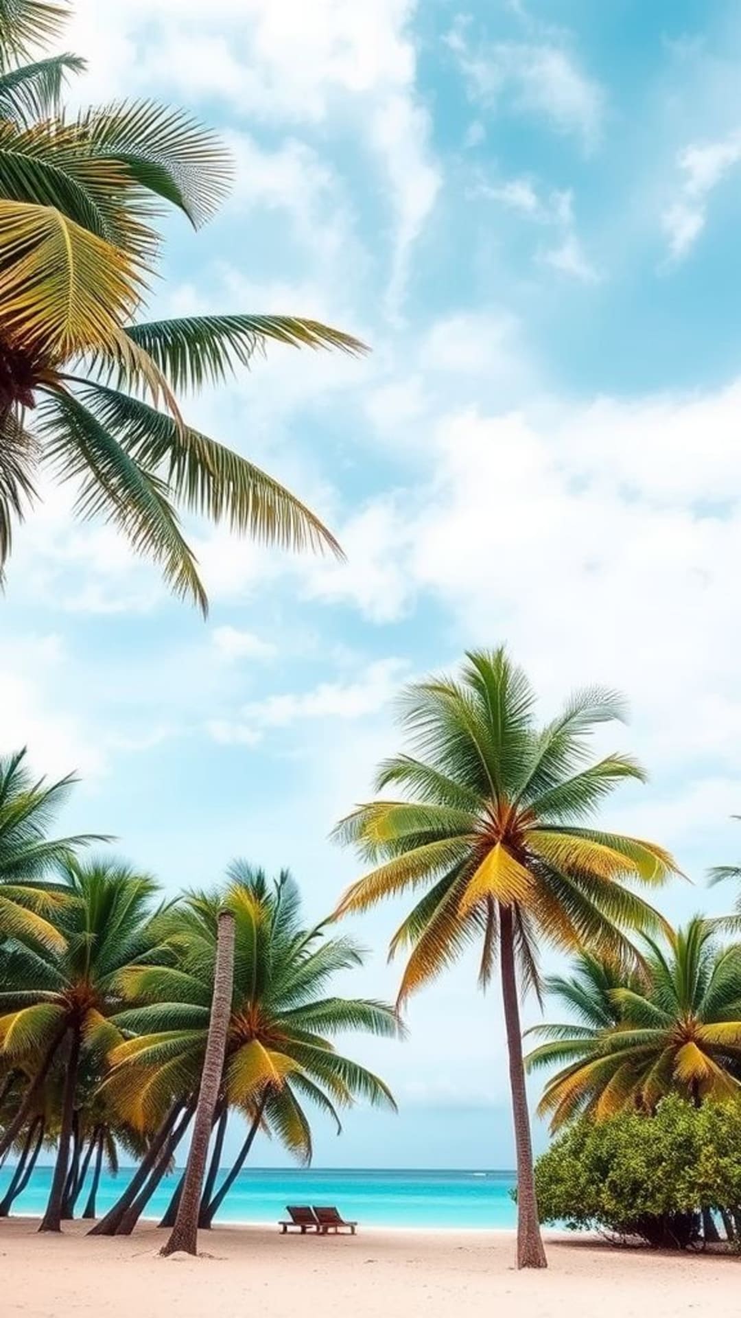 Spiaggia da sogno tropicale con palme, oceano turchese, sfondo.