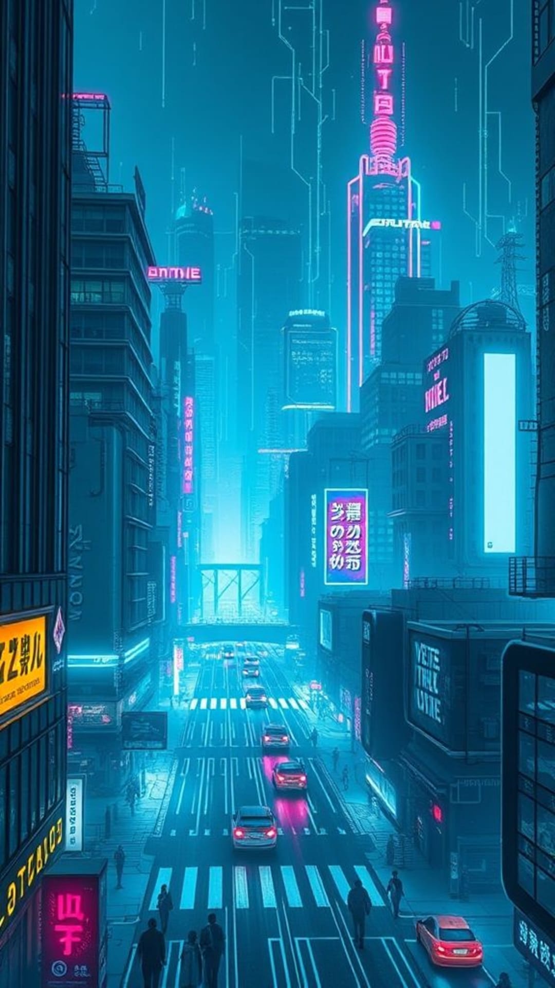 Carta da parati di una città hacker cyberpunk con rete digitale luminosa