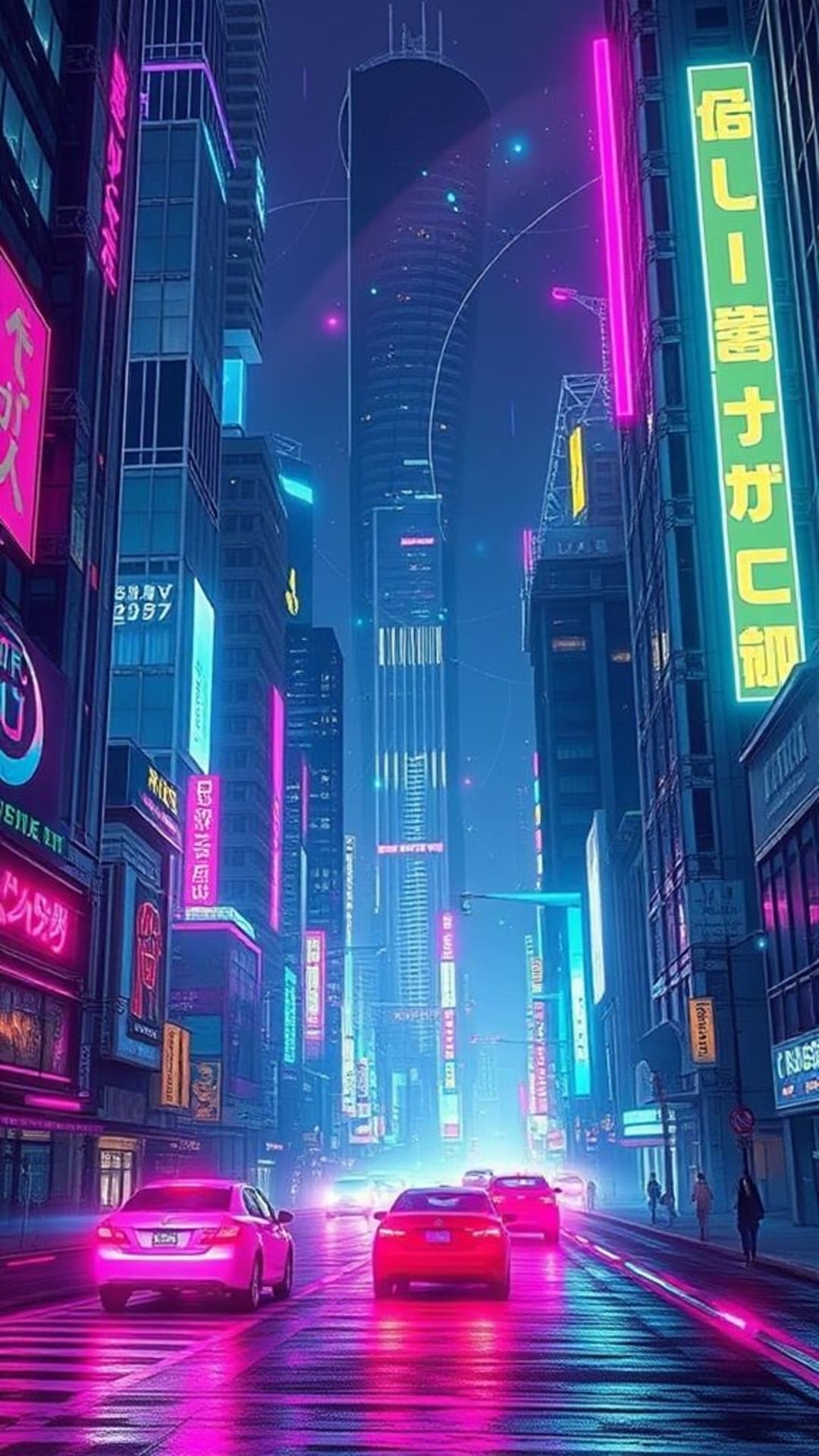 paesaggio urbano futuristico digitale cyberpunk con luci al neon stile città brillante