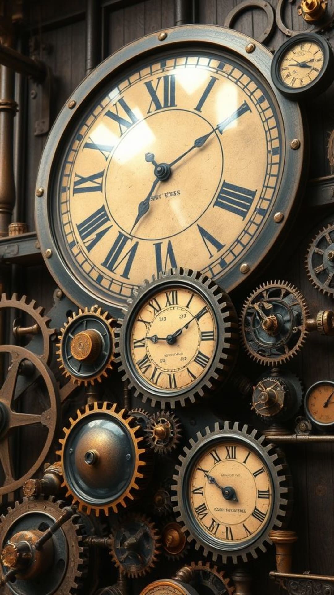 ingranaggi, orologi, estetica industriale vintage e vittoriana del macchinario steampunk