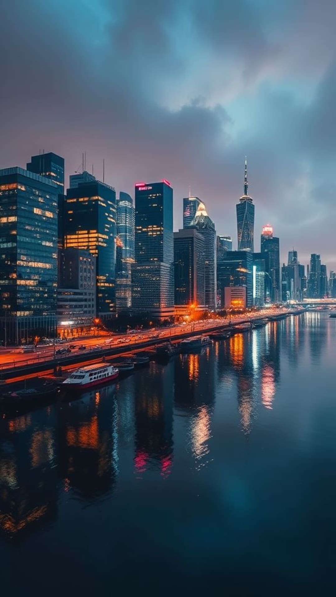 riflessi dello skyline notturno della città luci scintillanti sensazione di metropoli energica