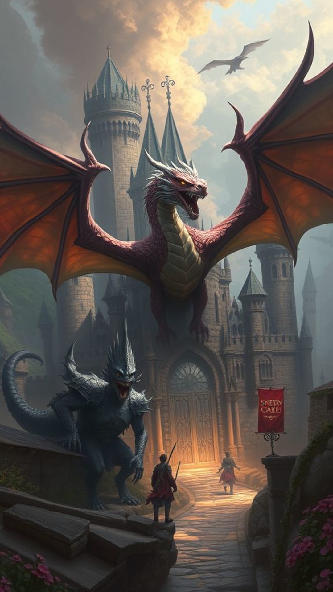 drago fantasy castello medieval creature mitiche alta fantasia scena epica pittura digitale