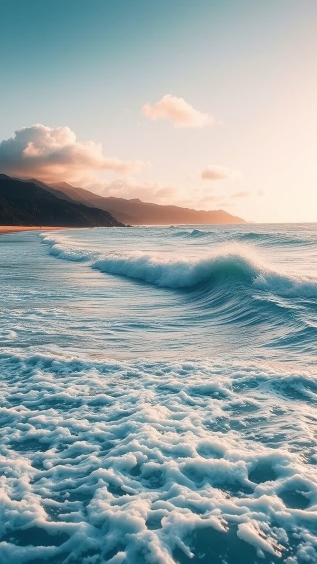 onde oceaniche che si infrangono sulla spiaggia, paradiso tropicale, luce calda del sole, natura serena e calmante