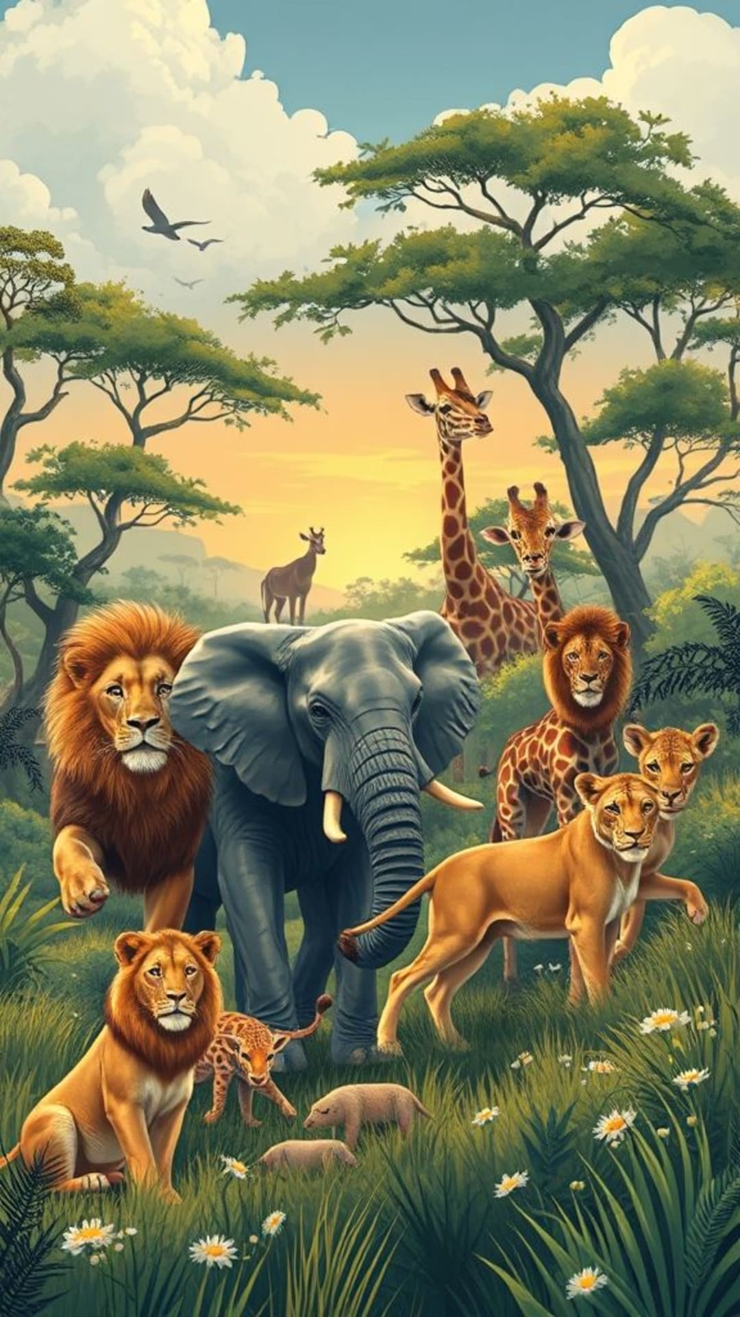 Animali selvatici del safari, leoni, elefanti, giraffe, avventura nella giungla, illustrazione realistica.