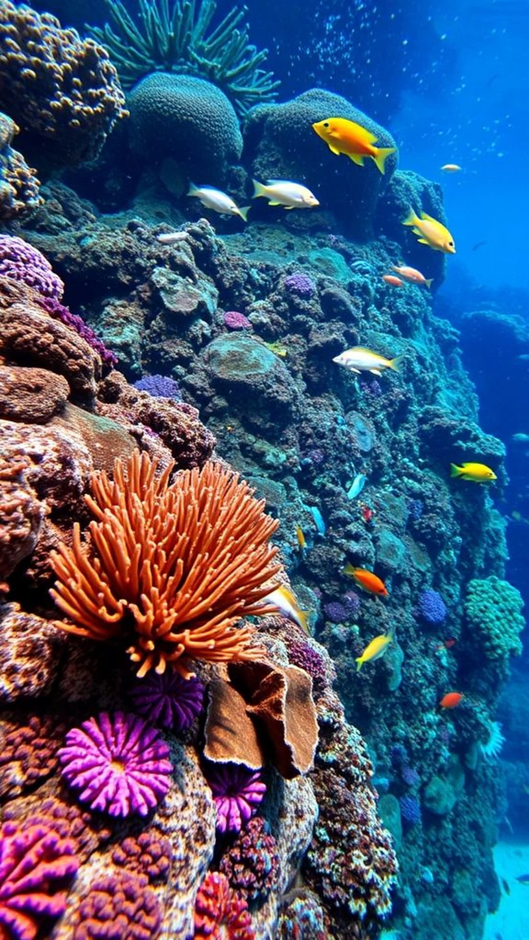 ricerca fotografica di vivace vita marina e pesci tropicali in scogliera corallina sommersa