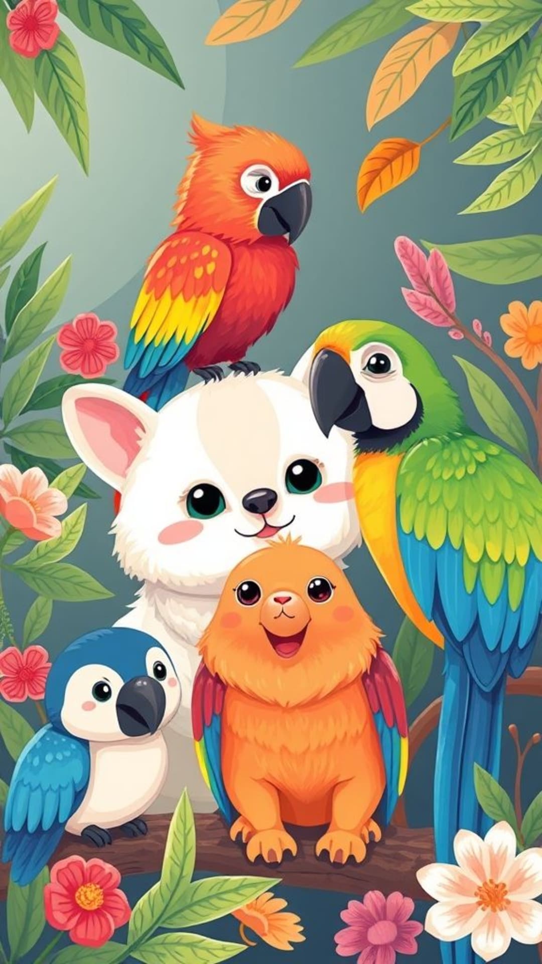 Animali carini cuccioli adorabili gattini conigli pelosi pappagalli colorati uccelli tropicali animali selvaggi giocosi animali dello zoo illustrazioni di animali in cartoon