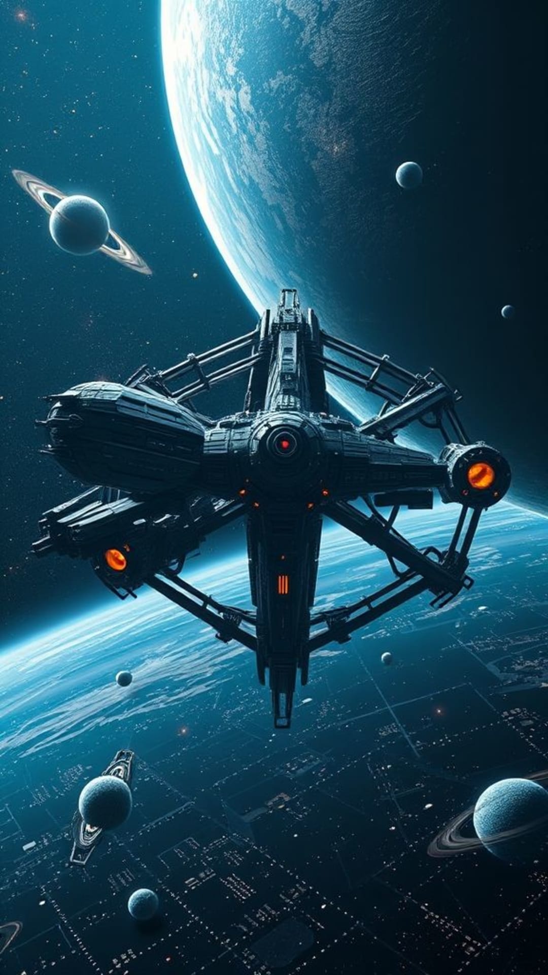 stazione spaziale tecnologia futuristica fantascienza pianeti galassie lontane alto dettaglio