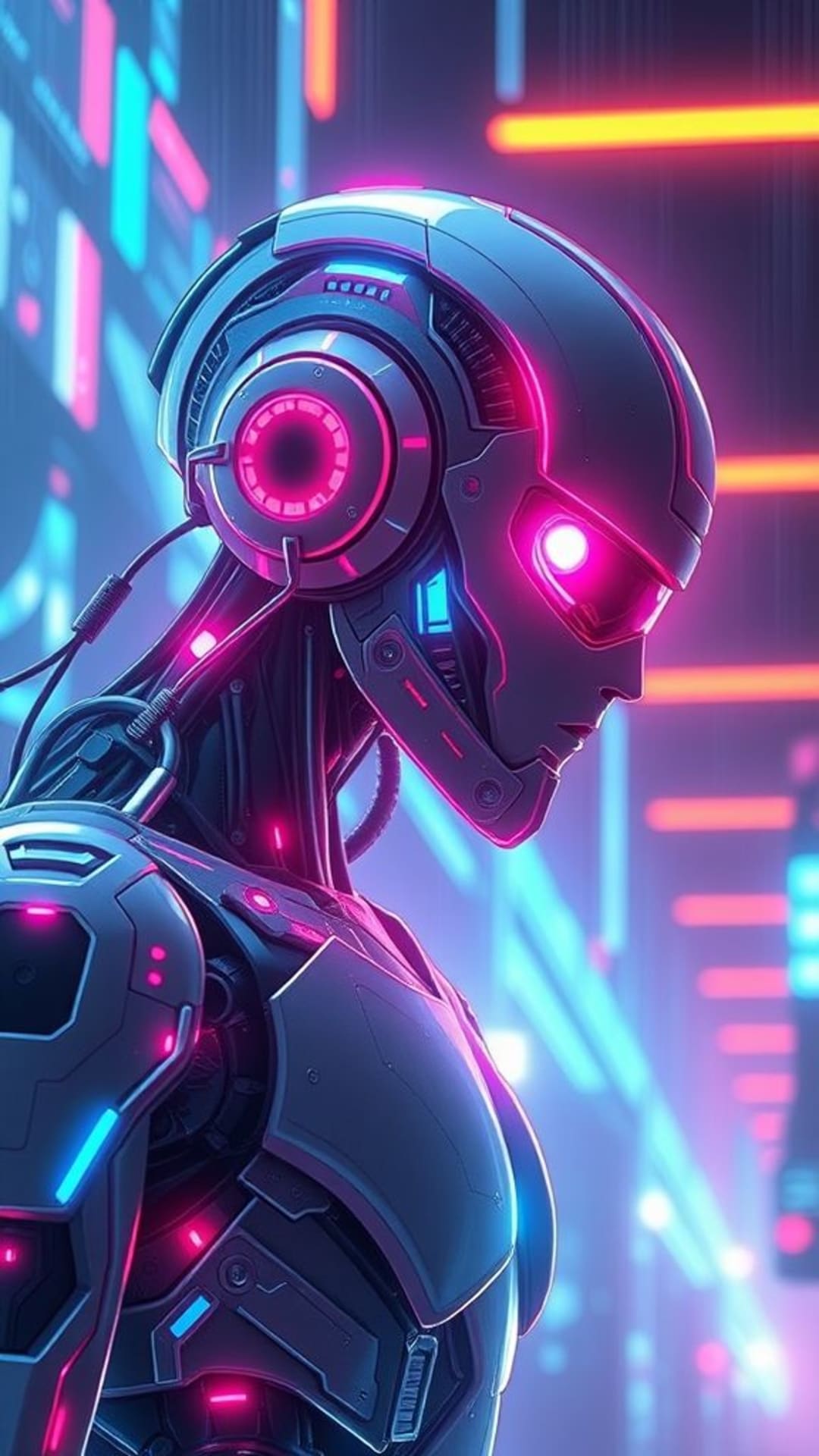 Tecnologia futuristica robotica cyberpunk cyborg arte digitale bagliore al neon