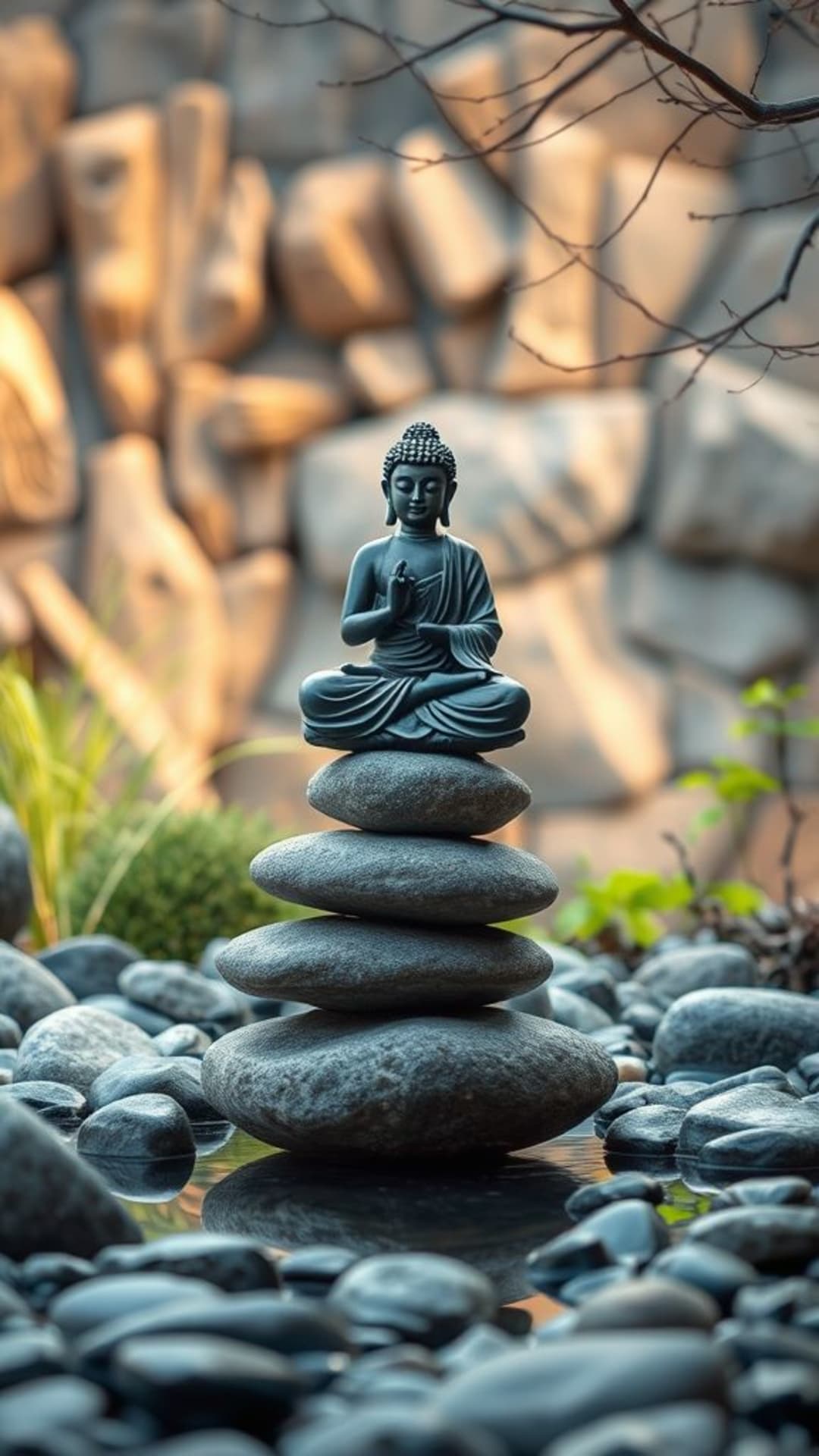 Tranquillità zen pietre equilibrate statua di Buddha scena di meditazione pacifica