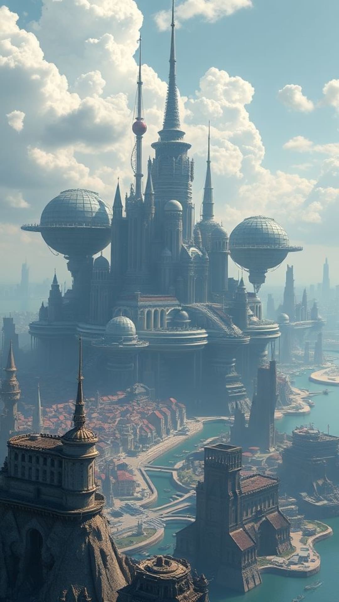 orologio di città fantastica, isole fluttuanti, architettura futuristica, utopia