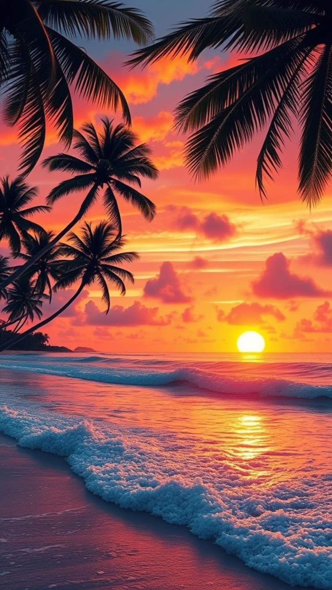 tramonto vivace sulla spiaggia tropicale palme onde oceaniche