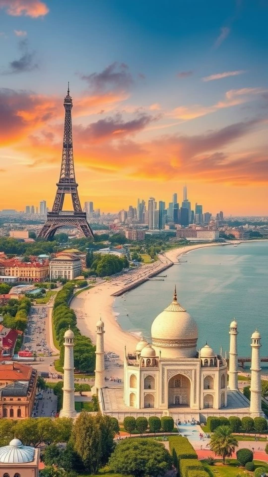 destinazioni di viaggio landmark famosi punti di riferimento vedute iconiche Torre Eiffel skyline di New York Taj Mahal spiagge di Santorini paradiso tropicale paesaggi urbani jet setter giro del mondo