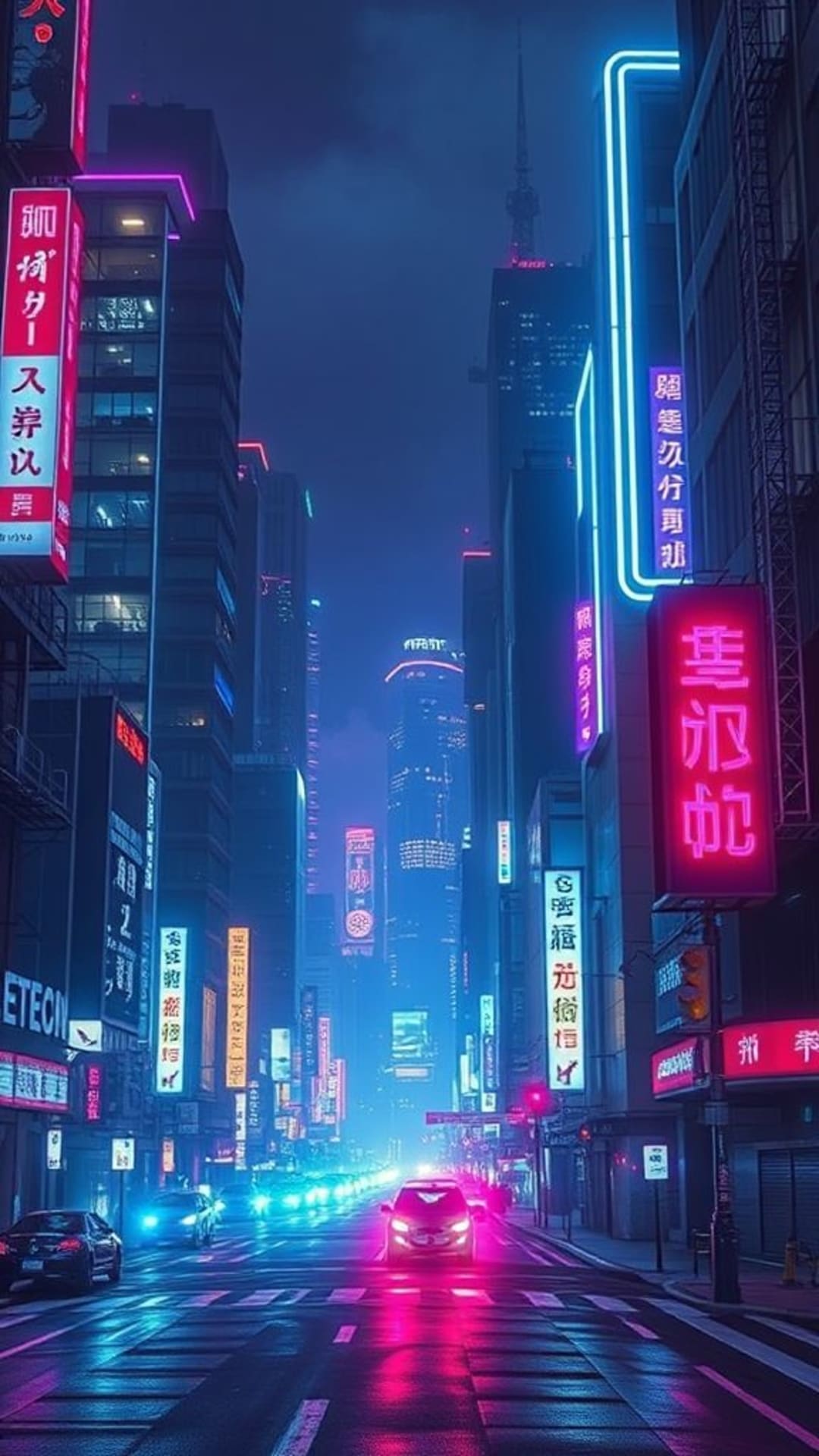 paesaggio urbano futuristico neon in modalità scura estetica cyberpunk luci cittadine