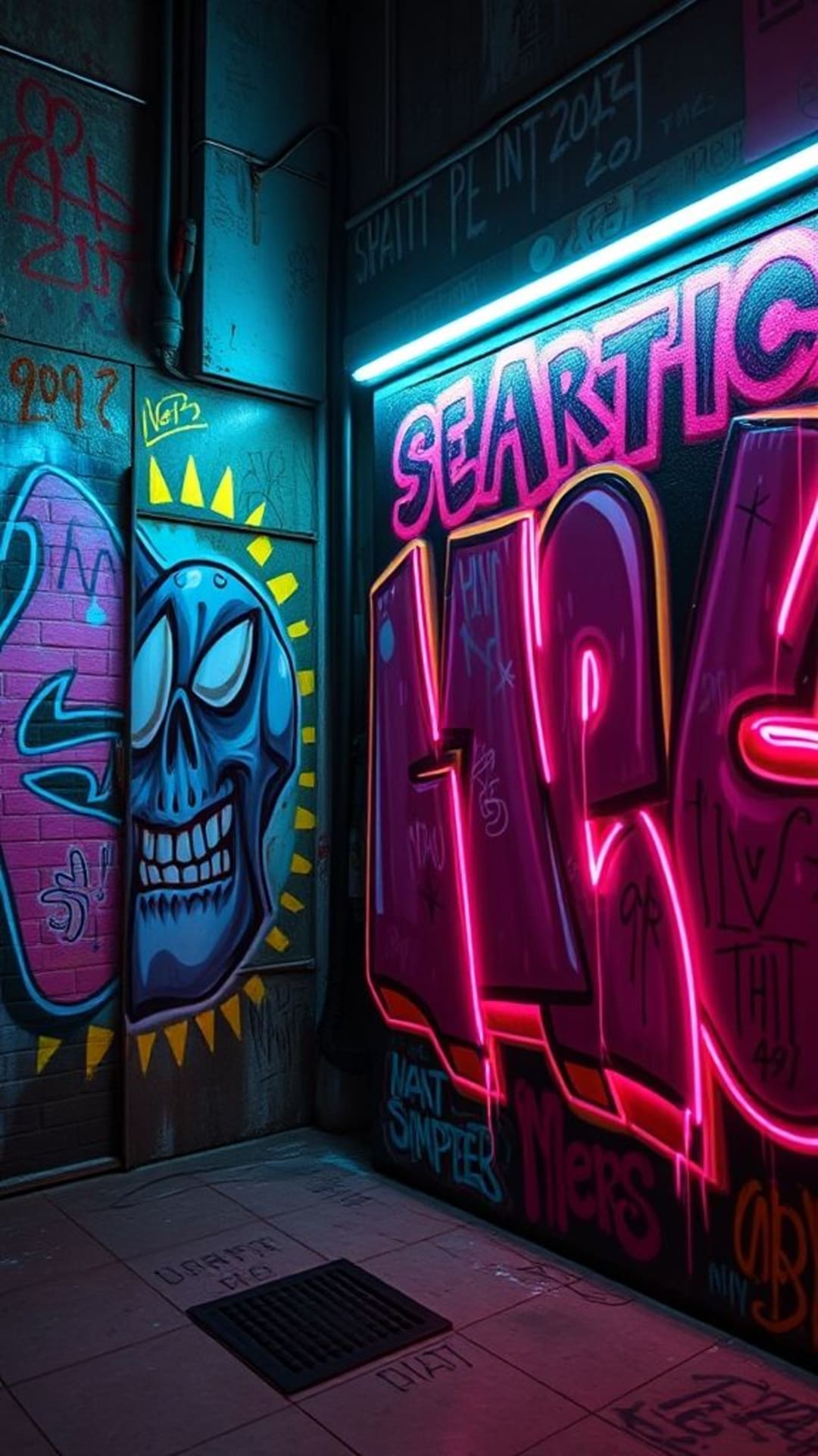 mura urbane colorate di street art al neon, graffiti, lato audace