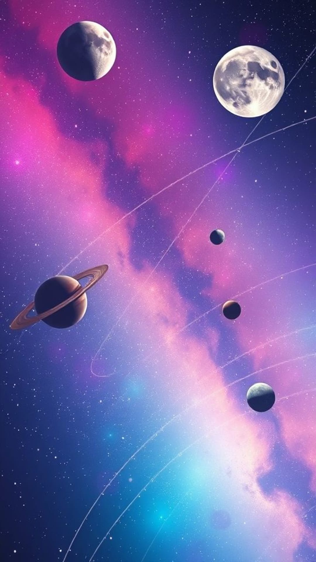 Corpi celesti pianeti lune sfondo onirico cosmico tonalità vivaci