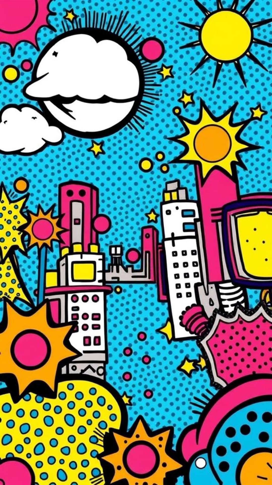 arte pop audace, motivi colorati, stili comic book, narrazione visiva vibrante, gioco, riferimenti alla cultura pop